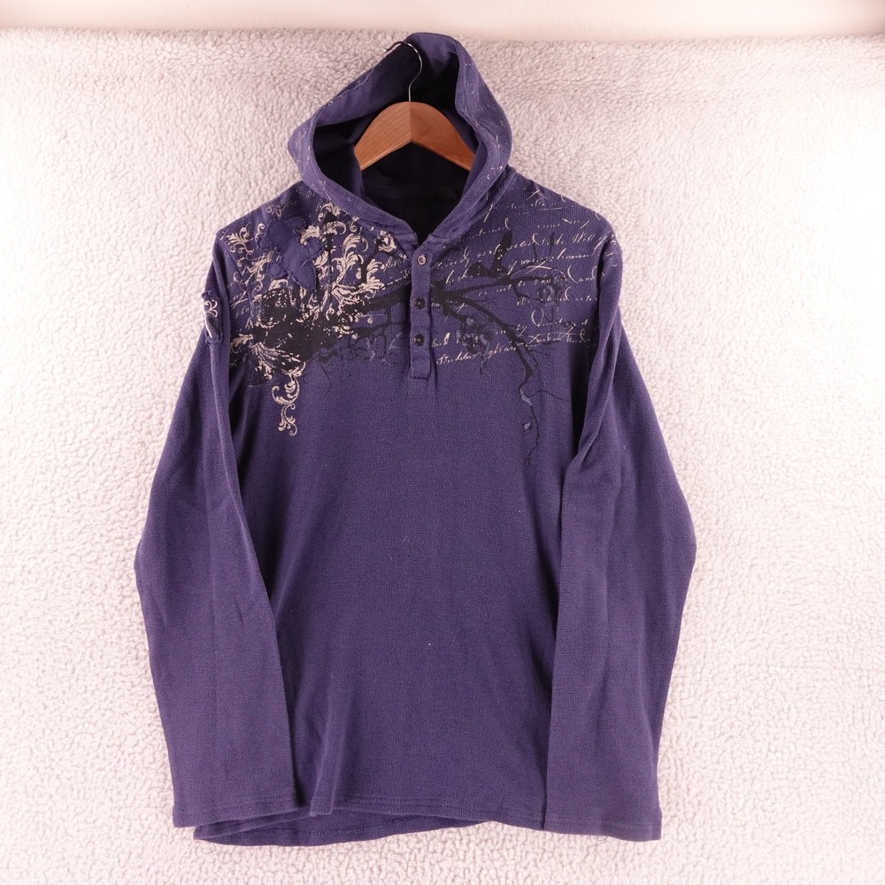 Indigo Star Mens Bule Y2k Thermal Henley Hoodie Graphic Wing Waffle Knit Shirt L